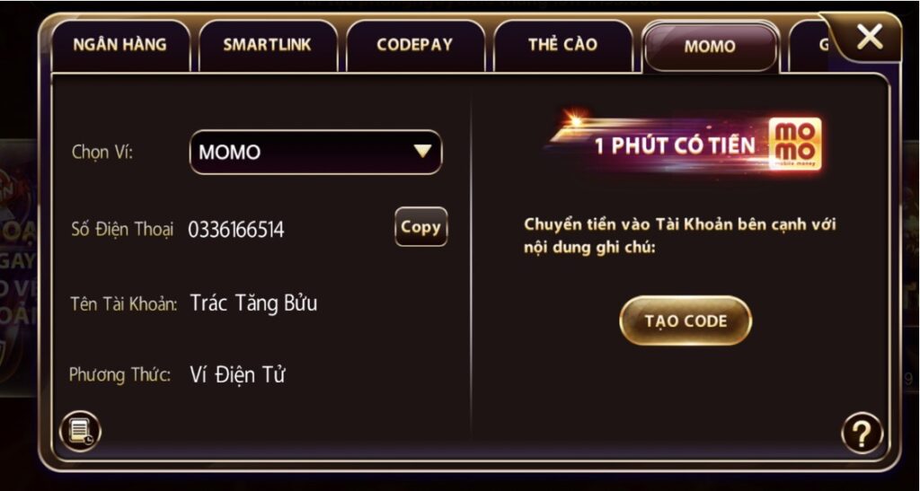 Nạp tiền qua ví momo tại Zowin